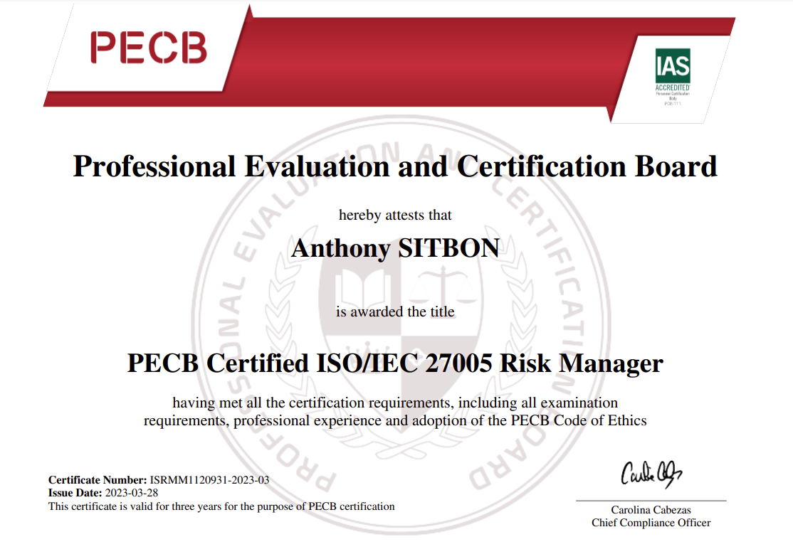 Anthony Sitbon certifié ISO 27005