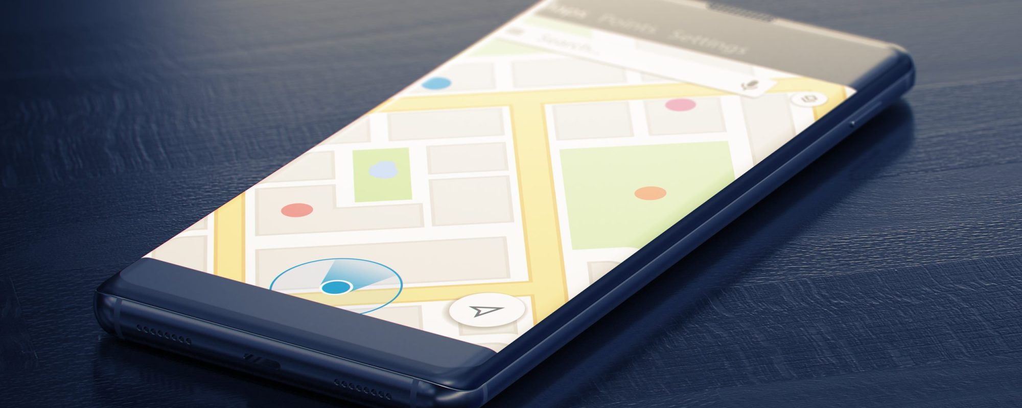 GEO TARGETING on a Mobile Phone. Online Map on a Screen. Close-up Image of Modern Smartphone with Mao or Geo Tracking on Dark Surface. Map Tracking or Geolocation Concept. 3D Render.